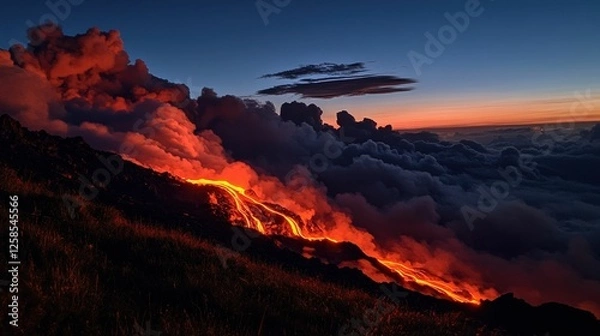 Fototapeta Fiery lava flows down volcanic slope at sunset