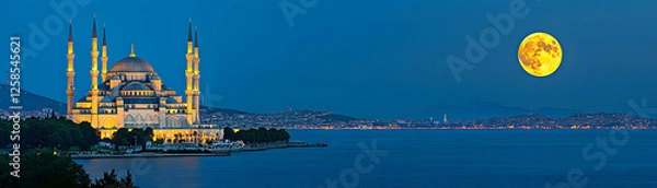 Obraz Majestic Mosque at Night, Illuminated by Full Moon