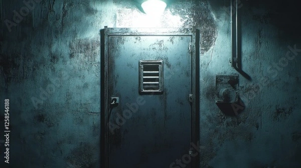 Fototapeta Focusing on a solitary confinement door slot, the harsh lighting illuminates a stark and worn prison wall, capturing an atmosphere of isolation and confinement