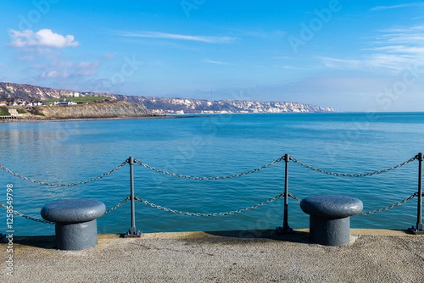 Fototapeta View from  the harbour towards Dover on a bright winters day in Folkestone, Kent, England
