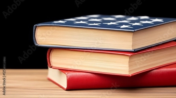 Fototapeta American Flag Patterned Books Stacked on Wooden Surface