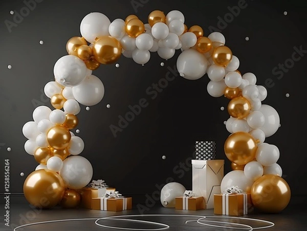 Fototapeta Round balloon arch made of golden and white balloons against a black background, gift boxes elegantly placed on the floor, ideal for celebrations.