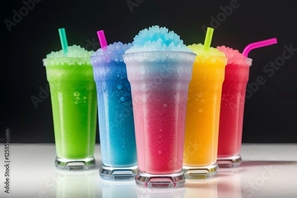 Fototapeta cups with rainbow colored slush ice drinks, row on white background