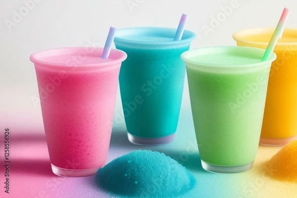 Fototapeta cups with rainbow colored slush ice drinks, row on white background