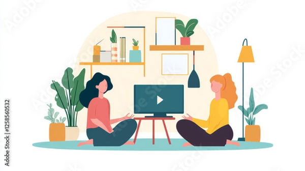 Fototapeta Online yoga classes, women exercise at home front of computer screen, female characters meditate in lotus position, doing asana, watching video. Healthy activity Line art flat vector illustration