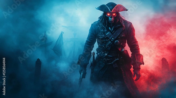 Obraz A mysterious pirate figure adorned with glowing red eyes, standing boldly in a foggy, ethereal atmosphere.
