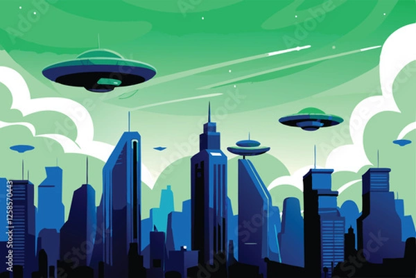 Fototapeta A futuristic alien city skyline at sunset, showcasing gleaming metallic skyscrapers and high-tech architecture.  Detailed, vibrant, and atmospheric.