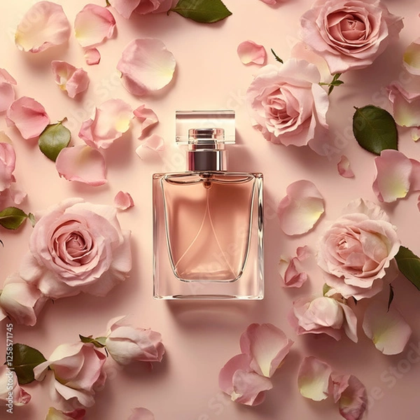 Obraz Elegant Glass Perfume Bottle with Fresh Pink Roses and Petals in Romantic Lighting Setup