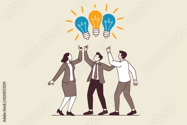 Fototapeta Sharing business ideas, collaboration meeting, sharing knowledge, teamwork or people thinking the same idea concept, smart thinking businessmen people office workers team up share lightbulb lamp idea.