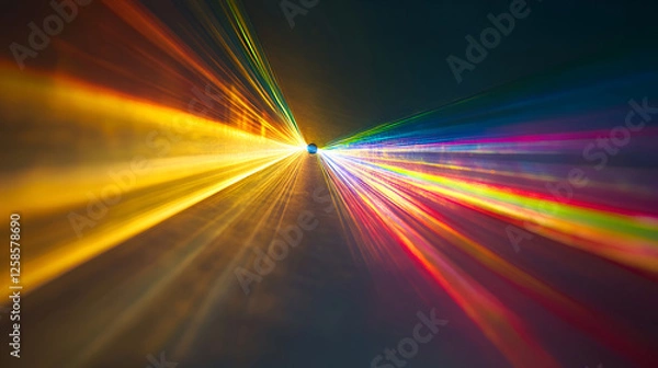 Fototapeta Light Speed: Abstract streaks of vibrant, multicolored light converge at a central vanishing point, creating a dynamic and energetic visual effect. Evokes a sense of speed, movement.