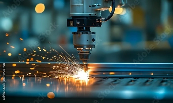 Fototapeta Automated laser cutting machine in action with sparks flying around in factory