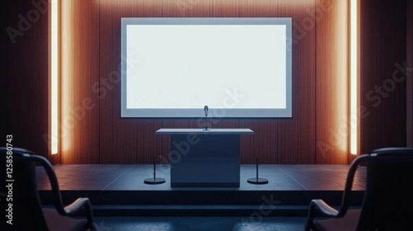 Fototapeta Empty virtual meeting room with large screen and chairs for online conferences and discussions