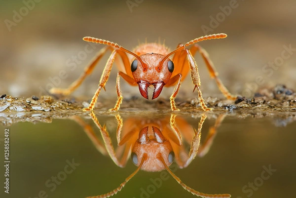 Fototapeta Orange Ant Reflection: A striking close-up of an orange ant drinking water, its reflection perfectly mirrored in the still water, creating a captivating symmetrical image.