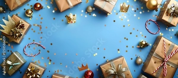 Obraz Sparkling blue backdrop with golden crowns and presents, arranged flat lay style. Right side space for text, ideal for festive announcements.