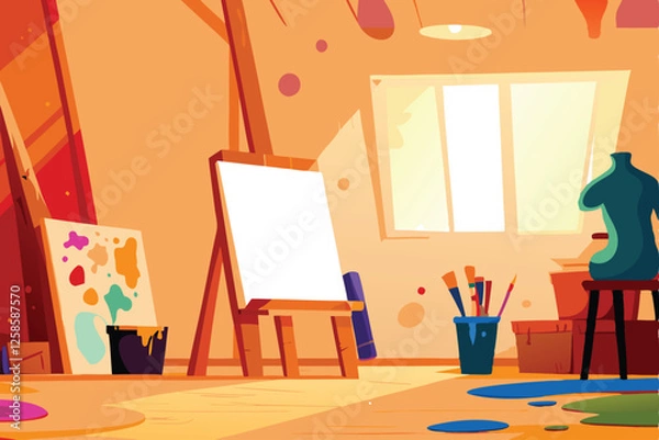 Fototapeta A vibrant artist's studio brimming with paint splatters, scattered brushes, and canvases showcasing colorful, expressive artwork.