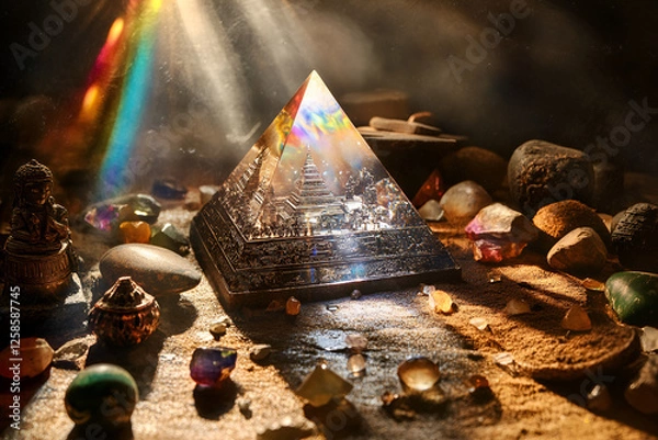 Obraz Orgone Pyramid Energy: A mystical orgone pyramid glows with ethereal light, surrounded by crystals, stones, and spiritual artifacts, creating an aura of spiritual energy and ancient wisdom.