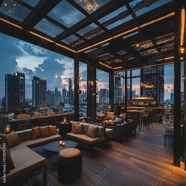 Fototapeta Rooftop bar with modern furniture and city skyline view from elevated restaurant setting