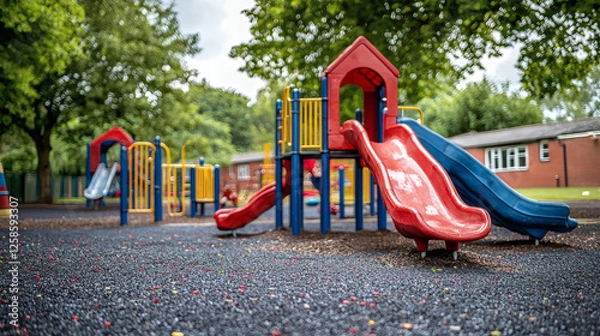 Fototapeta Colorful playground equipment with red slide and climbing frame in outdoor park setting with green trees and mulch ground
