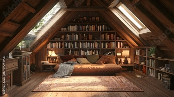 Fototapeta Cozy attic loft with wooden beams featuring a bed bookshelf bookcase and comfortable couch