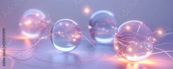Fototapeta Floating 3D glass spheres connected by soft glowing lines symbolizing business relationships and digital marketing networks  
