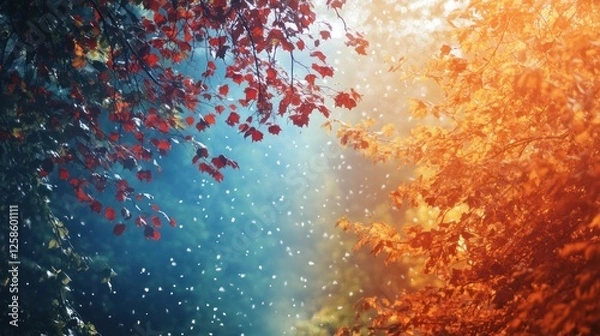 Fototapeta A vibrant display of autumn foliage with warm orange and cool blue hues, creating a serene atmosphere where nature meets tranquility.