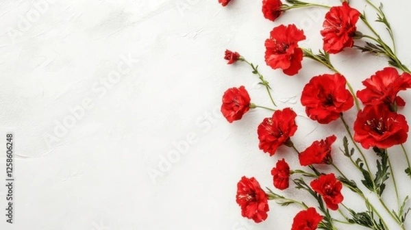 Fototapeta A white surface with a cluster of red flowers on the right, text space on the left