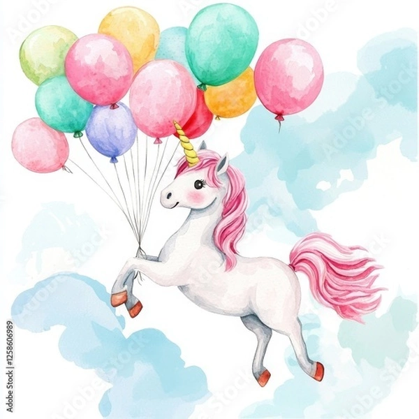 Fototapeta Unicorn fantasy sparkles with charm. A whimsical unicorn holding colorful balloons in a dreamy sky.