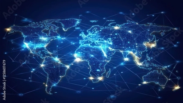 Fototapeta Global network connection, illuminated world map. (1)