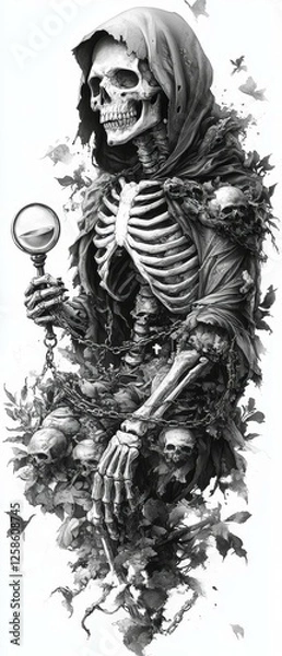 Fototapeta Grim Reaper Skeleton Contemplating Fate with Magnifying Glass Amidst Symbolic Overgrowth and Skulls