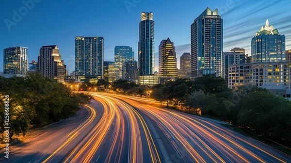 Fototapeta Vibrant city skyline featuring a highway, captured with long exposure, showcasing dynamic light trails against a backdrop of urban architecture.