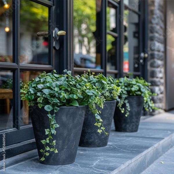 Fototapeta Lush Greenery Potted Plants on Threshold of Building in Urban Landscape Display Window Decor
