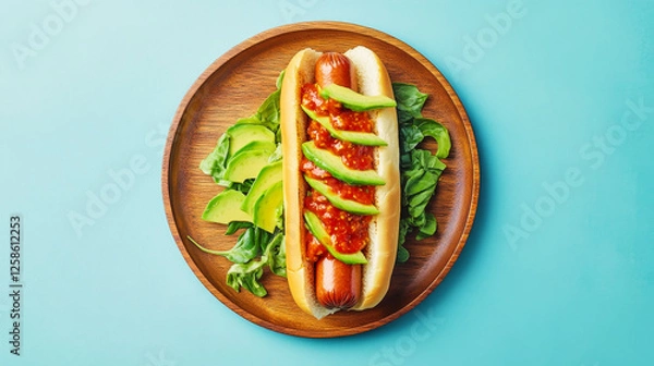 Fototapeta Delicious hot dog with avocado slices and spicy mayo on a wooden plate against a blue background