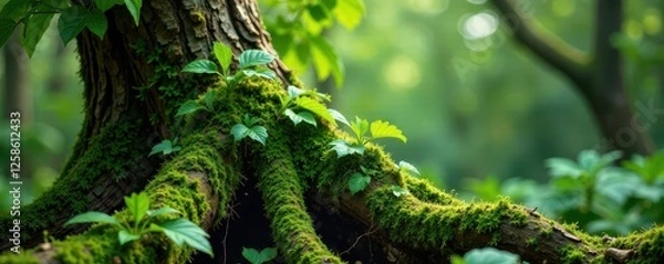 Fototapeta Moss-covered tree trunk with vines and epiphytes, fungi, verdure