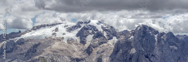 Fototapeta Panoramic at the highest mountain of the Dolomites, the snowy Marmolata, as seen from the Piz Boe at the Passo Pordoi.