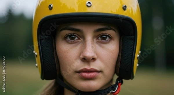 Obraz Empowering Portrait of a Female Athlete in a Yellow Helmet