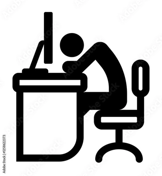 Fototapeta A black and white icon of a person slumped over a desk in front of a computer, appearing exhausted or frustrated.