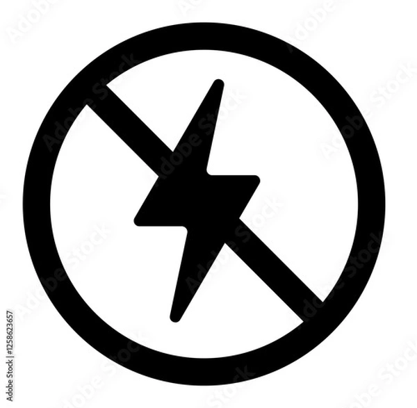 Obraz A black and white icon of a lightning bolt with a prohibition symbol, representing power outage, electricity restriction, or energy shutdown.