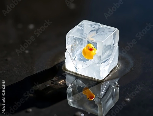 Fototapeta Yellow Rubber Duck Inside Ice Cube Reflecting on Glossy Surface