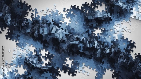 Fototapeta An aerial view of a jigsaw puzzle in various shades of blue, showcasing an abstract pattern that creates a sense of depth and complexity.