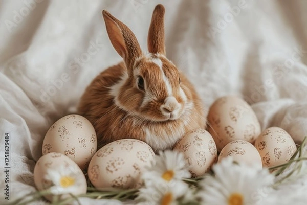 Obraz A rabbit rests peacefully among colorful eggs and blooming daisies on a soft grassy bed, creating a charming springtime scene.