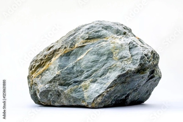 Fototapeta Grey boulder studio shot, textured surface, white background, geology