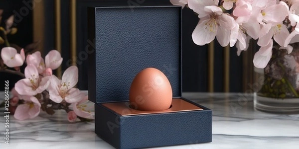 Fototapeta A small egg rests inside a box placed on a table, showcasing a simple yet intriguing scene of nature and containment.