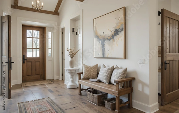 Obraz Home Rustic entryway with wooden bench, neutral decor, textured cushion, and abstract art in a warm, Farmhouse, rustic interior design of modern hall