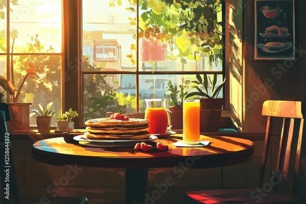Fototapeta Breakfast spread featuring pancakes and juice by the window in a sunlit cafe