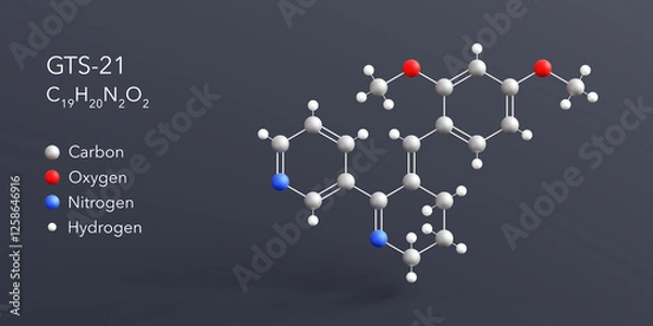 Fototapeta gts-21, molecule 3d rendering, flat molecular structure with chemical formula and atoms color coding