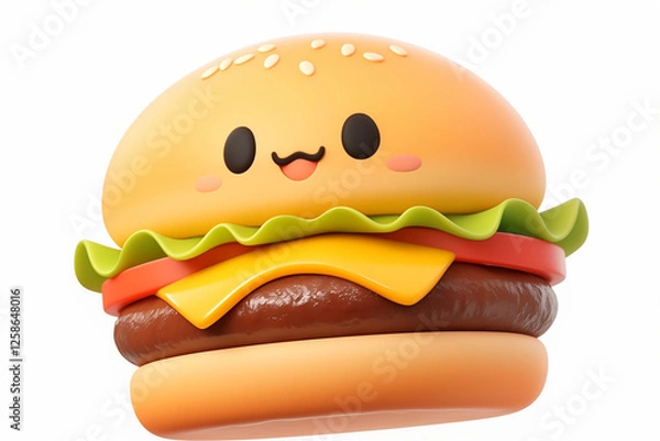 Fototapeta Happy burger isolated on white background, 3d illustration