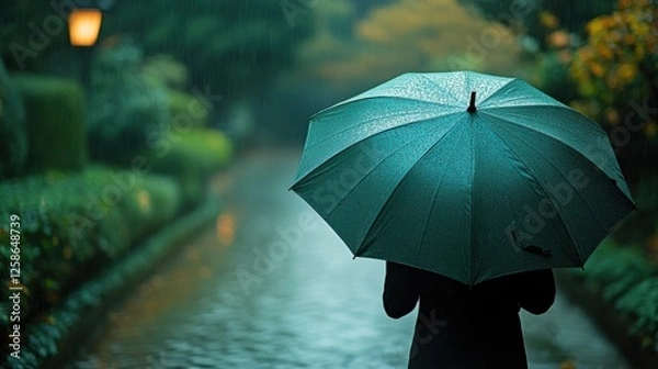 Fototapeta Person holding a dark umbrella walks down a rainy, secluded pathway lined with greenery in a tranquil park during a foggy evening