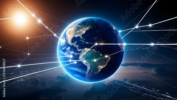 Obraz Night planet earth from space with light lines of communication and connection. Business and finance, concept. Global communications system and the World Wide Web. Technologies and communic