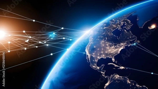 Fototapeta Background Night planet earth from space with light lines of communication and connection. Business and finance, concept. Global communications system and the World Wide Web. Technologies and communic
