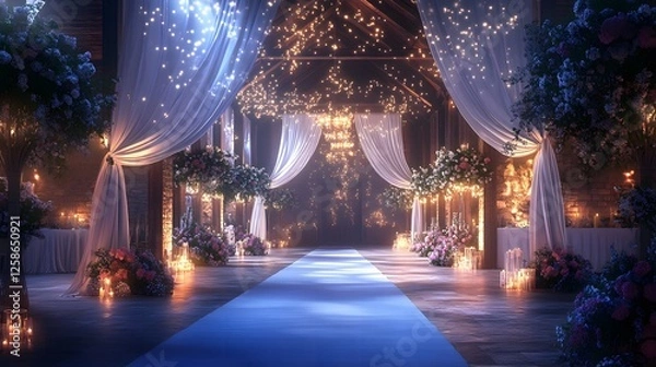 Fototapeta Wedding ceremony setup with stage flowers and elegant reception hall featuring white drapery and decorations